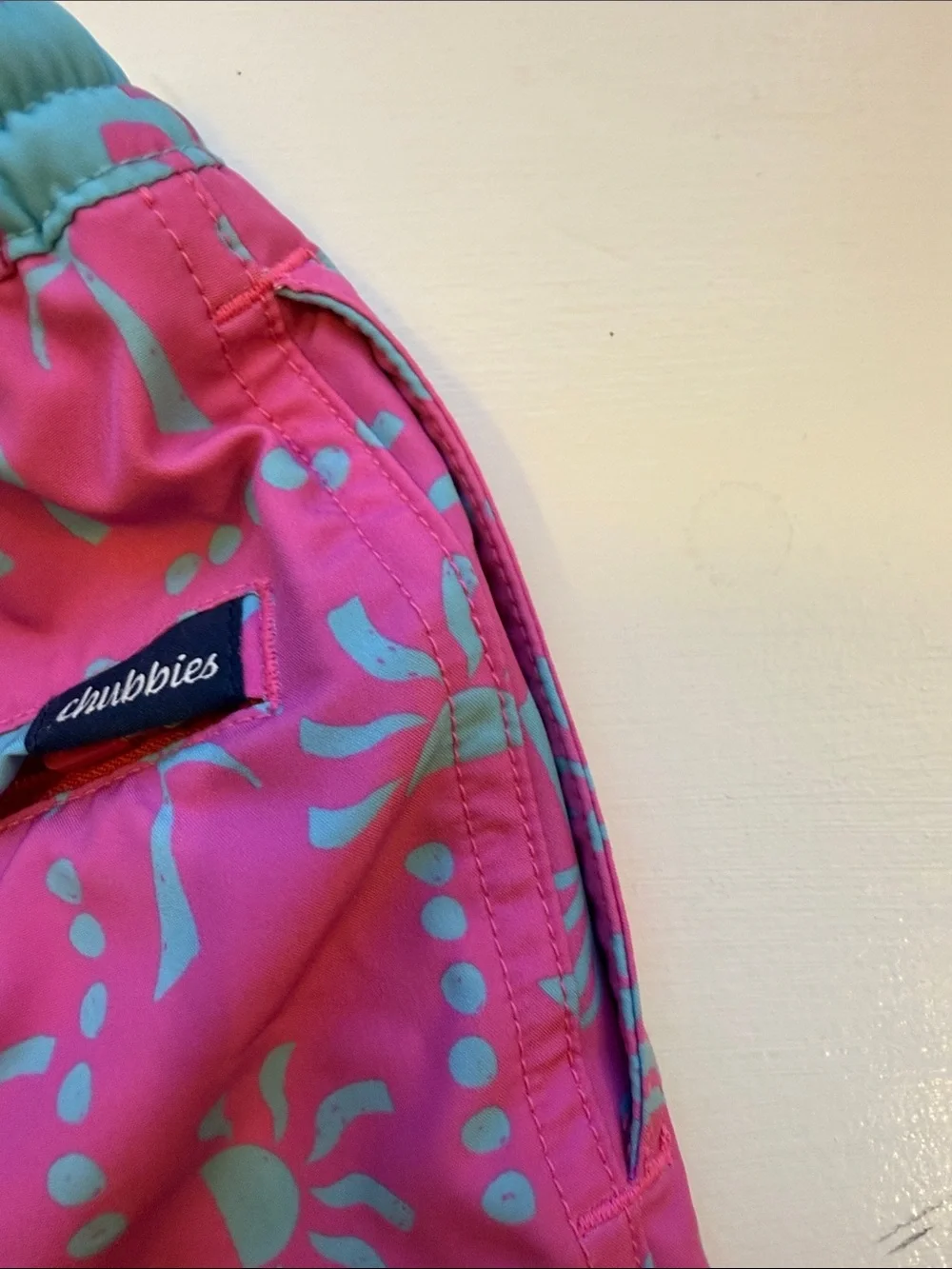 chubbies Teal Swim Trunks with Pink Palm Print